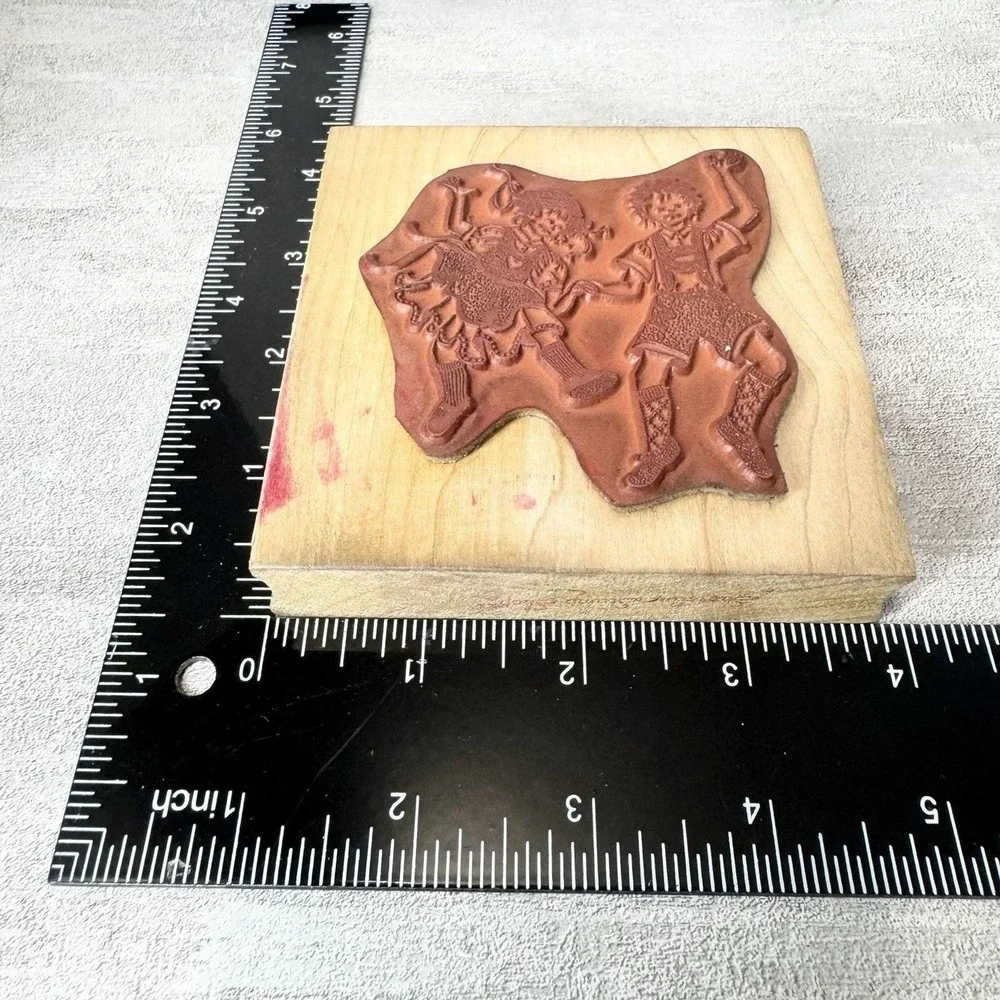 Vintage 1997 Wood Mounted Rubber Stamp German Folk Art Dancing Children Boy Girl